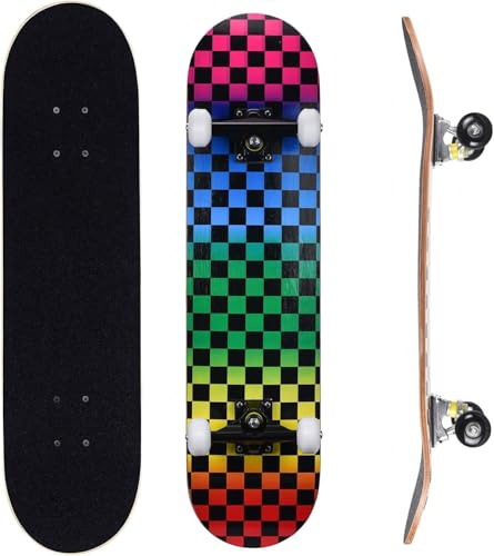 ERNAN Komplett skateboard för nybörjare, 81 x 20 cm dubbel sparkskateboard för barn, tonåringar och vuxna. med Skate T-verktyg. (Regnbågskontroll)