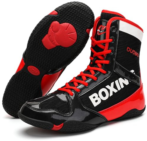 Hiuzylqx Scarpe da Pugilato Uomo, Stivali da Boxe Wrestling Suola Antiscivolo,per Allenamento E Sparring,Kickboxing,Fitness,Pugilato,Black Red,40 EU