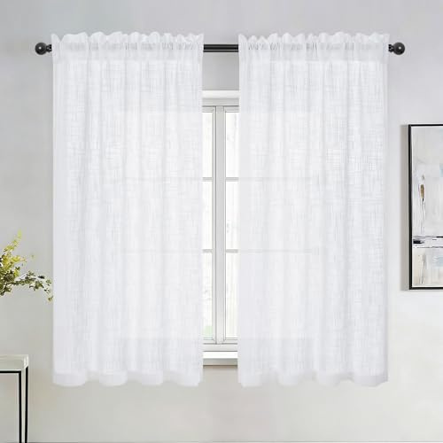 DWCN Vita fönstergardiner linneutseende köksgardiner halvtransparenta gardiner korta 2 stycken H 137 x 117 cm, moderna fönstergardiner för husvagn, gardiner, skåpgardin, vardagsrum, bistrogardin