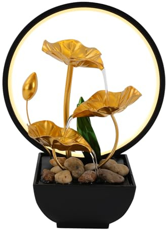 Tischbrunnen mit LED-Beleuchtung & leiser Wasserpumpe, Lotus-Dekoration mit Wasserfall, 3W elektrischer Zimmerbrunnen, Moderne Zen-Deko für Entspannung, Meditation, Wohnzimmer, Büro & Garten