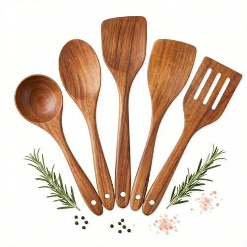 Kökssked, set i 13 delar, naturlig träsked, set med mätsked, bekvämt handtag, non-stick träredskap för matlagning – träkokningssked, stekspade trä, soppslev (set om 5)