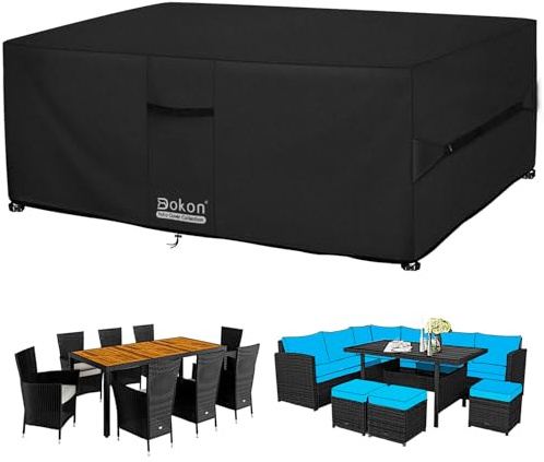 Dokon Housse Salon de Jardin Exterieur avec Aérations, Imperméable, Résistant au Vent, Anti-UV Tissu Oxford 420D Bache Meubles Housse de Protection Table de Jardin Rectangulaire (213x132x74cm) Noir