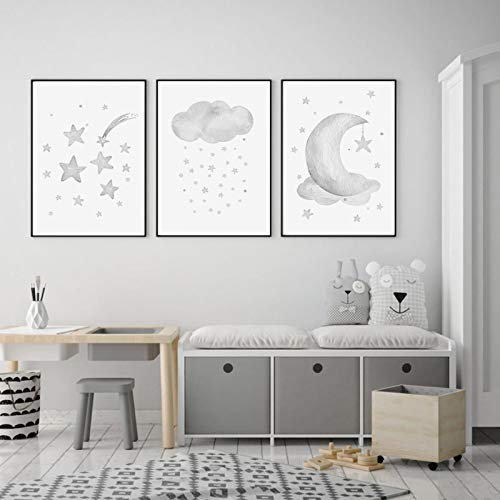 XIANGPEIFBH Wandkunst Bilder Grau Mond Sterne Wolke Kinderzimmer Leinwanddruck Malerei Poster Drucke für Kinderzimmer Home Decoration 40x50cmx3pcs Ungerahmt