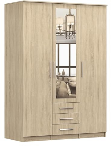 Fabryka Mebli Idźczak Kleiderschrank 150 x 210 cm, Spiegel, 3 Schubladen, Einlegeböden, Kleiderstangen, Drehtüren, Laminat 16 mm, ABS-Kante, Schlafzimmerschrank, Garderobenschrank - Imoebel24