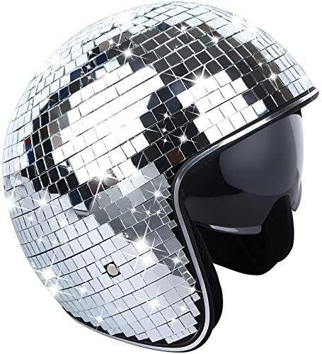Disco Ball Helmet with Retractable Visor Silver Glitter Mirror Glass Disco Ball Hat Helmet for Women Men DJ Club Stage Bar Party Wedding