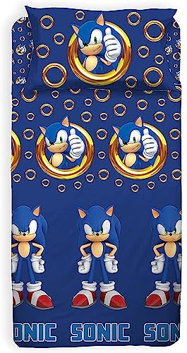 hermet Sonic - Juego de sábanas para Cama Individual de una Plaza, sábana encimera, sábana Bajera con Esquinas, Funda de Almohada, 100% algodón, Producto Oficial