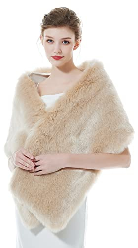 BEAUTELICATE Kunstpelz Schal Stola Damen Bolero Wrap Pelz Brautschal Brautstola Frauen für Hochzeit Braut Festlich (Langes Fell - Pulver Champagner)