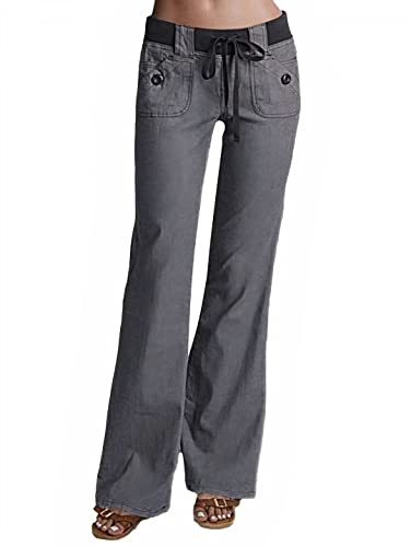 Flamingals Low Rise Cargo Wide Leg Pants for Women Drawstring Flap Pockets Y2K Bow Tie Casual Flare Pants Dark Gray M
