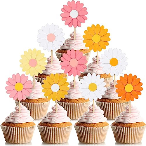 Henoyso Lot de 48 décorations de gâteau en forme de marguerites et fleurs des années 70 - Décorations de gâteau hippie, style bohème, fête d'anniversaire et chrysanthème hippie - Fournitures de