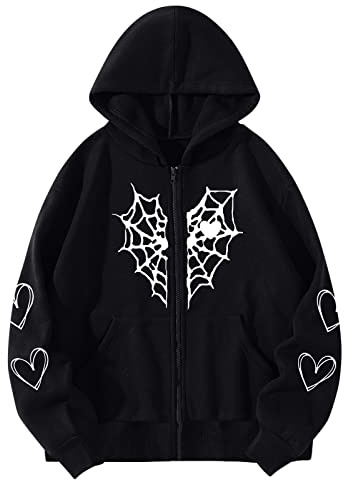 Kapuzenpullover Damen Gothic, Y2K Hoodie Damen Zip Up,Sweatshirt Damen mit Kapuze Tasche Spinnennetz Herzen Drucken Hooded Pullover Warm Sweatjacke Kapuzenjacke Hoodies für Frauen Teenager Mädchen