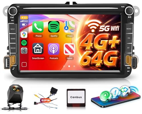 4G+64G Car Stereo Radio for VW Seat Golf Passat Jetta Beetle Tiguan 5GWifi, Hodozzy 8 HD Touchscreen Radio with DSP BT5.0 36/40/52Pin Power Cable Wireless Carplay Android Auto GPS FM/RDS SWC Camera