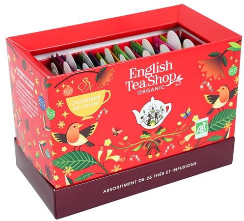 English Tea Shop - Calendrier de l'Avent thé biologique 2025-25 sachets à découvrir - Coffret cadeau de Noël - À cartes rouge