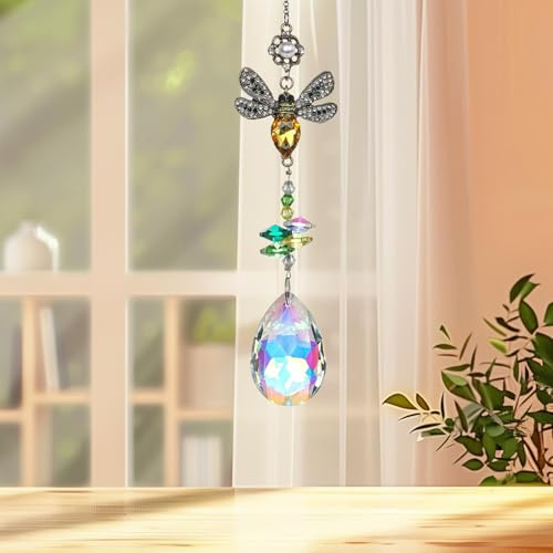 Colorful Bee Rhinestones Suncatcher, 30-32CM Rainbow Sun Catcher for Window, Rainbow Maker Hanging Crystals, Garden Sun Catchers Suncatcher for Garden Home Decor Gifts for Women