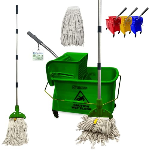 Professional Kentucky Floor Mop and Bucket Set on Wheels - Large Capacity Commercial Industrial Floor Mop Bucket with Wringer, Ideal for Warehouse, Hotel, Office, School Use - Green