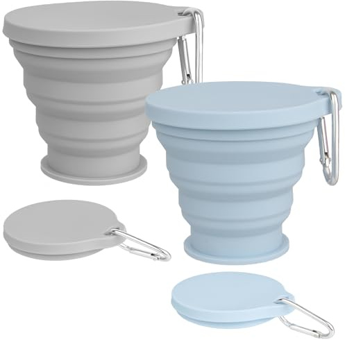Realjoy 2 Pièces Gobelet Pliable, Sans BPA, Gobelet Silicone Pliable avec Couvercle, Réutilisable et Portable, Gobelet de Voyage Pliable pour Pique-nique, Camping, Randonnée (Bleu + Gris)