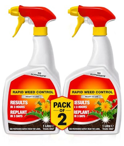 Topline Rapid Weed Control Ready to Use Spray – Pack of 2 x 1L Extra Strong Glyphosate Free – Visible Results in 3 Hours – Replant in 3 Days – Fast Acting Spray Bottle for Gardens, Paths & Patios