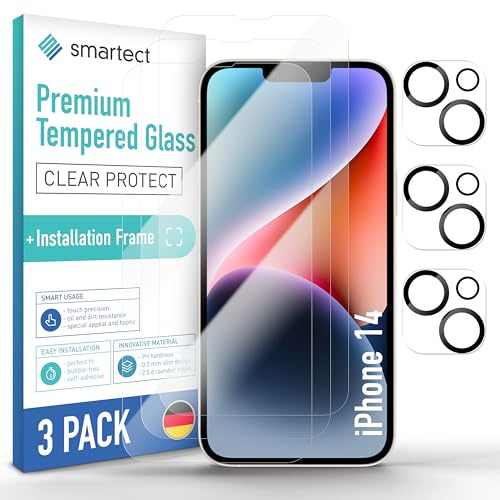 smartect Schutzglas 3 + 3 Stück für iPhone 14 | Displayschutz + Kameraschutz, inkl. Positionierhilfe, HD Panzerfolie Anti-Kratzer, 0.3 mm Ultra-klar, 9H Härte, Blasenfrei