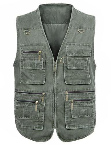 Flygo Men's Vest Plus Size 16 Pockets Leisure Outdoor Lightweight Fishing Photo Journalist Vest(XXX-Large, Army Green)