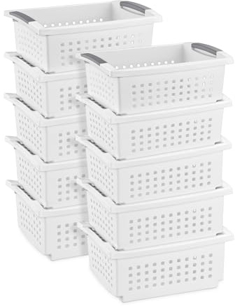 Sterilite 10-Pack Medium Stacking Basket, Open Top Plastic Storage Organizer, White - Stackable Crate Containers for Countertop, Cabinet, Pantry Shelf, Laundry Room, Bathroom & Home Office