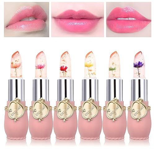 Mengxin 6 Pièces Rouge a Levre Transparent avec Fleur Rouge a Levre Fleur a L'intérieur Brillant à Lèvres Gloss Transparent Longue Tenue Cadeau D'anniversaire de Noël pour Femmes (6 Couleurs)