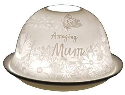 Cello Porcelain Tealight Holder Dome - Amazing Mum Design with 3D Projection & Message for Scented Unscented Tealights & LED Candle Holder Wax Warmer Present from Daughter or Son