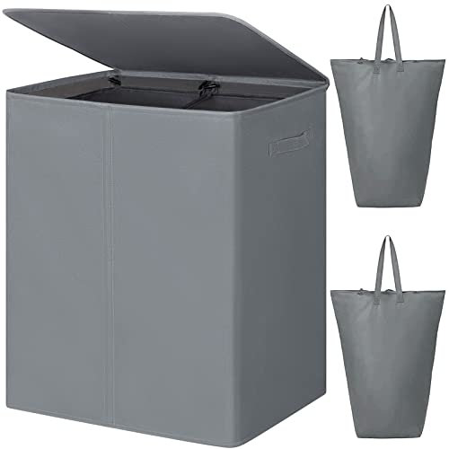 Chrislley 154L Double Laundry Basket with lid and Removable Laundry Bags Large Collapsible 2 Dividers washing basket with Handles for Bedroom Laundry Room Closet Bathroom College (Grey)