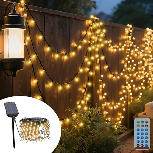 YRHome Solar LED Lichterkette 30m 300LED Warmweiß Außen mit Fernbedienung, 13 Modi, Timer & Speicherfunktion, IP44 Wasserdicht, Solar Weihnachtsbeleuchtung für Garten, Hochzeit, Weihnachten