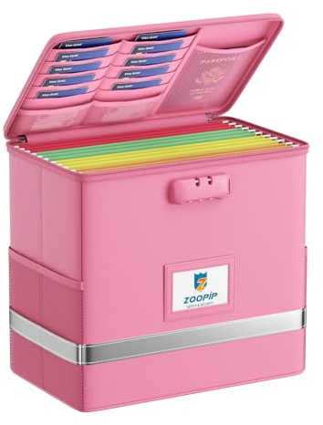 ZOOPIP Fireproof File Box with Lock, Document Box Storage Organizer, Suitable for Hanging File Folders in Letter Size, Collapsible File Box, Reflective Strip for Fast Find (12.2*6*10.2, Pink)