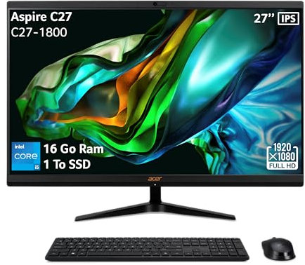 acer Aspire C27-1800, All-in-One PC de 27 Full HD IPS (Intel Core i5-12450H, RAM de 16 GB, SSD de 1 TB, Intel UHD Graphics, Windows 11 Familia), PC Todo-en-Uno, Color Negro