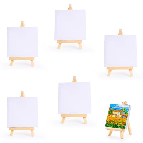 Mini Staffelei, 5 Stück Massivholz Staffeleien klein Mit Leinwand Set, 10x10cm Leinwand mit 15x8cm Faltbarer Dreieckiger Ständer, Zum Handbemalte DIY Kreationstafel, Poster Foto, Malhandwerk