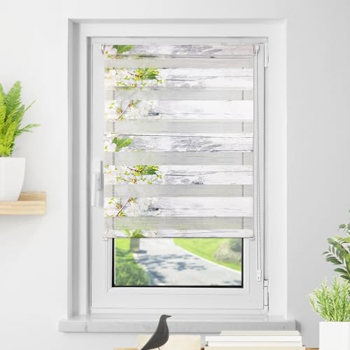 Deswell Doppelrollo Klemmfix ohne Bohren Weiß-Blüten B90 x H120 cm (Stoffbreite 86cm) Doppelrollo mit Muster, Duo Rollos für Fenster ohne Bohren Rollos mit Motiv, Seitenzugrollo Lichtdurchlässig