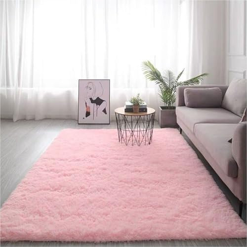 YUANWAN Hochflorteppich Langflor Teppich 130 x 140 cm Anti-Rutsch Unterseite, Waschbar Weicher Teppich Heimdekoration Fellteppich Shaggy für Wohnzimmer, Schlafzimmer, Rosa