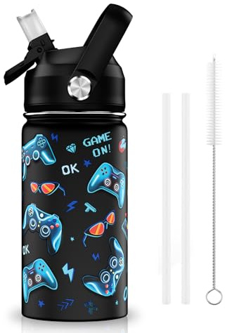 ACESAK Borraccia termica per bambini da 400 ml, con coperchio con cannuccia, in acciaio inox 18/8, bicchiere da viaggio, a doppia parete, sottovuoto, a prova di perdite, portatile (gioco)