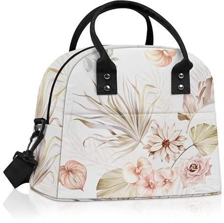 Clastyle Bolsa Termica Porta Alimentos Mujer Hojas Bolsa Almuerzo Adulto Reutilizables con Correa, Bolsa Comida Trabajo Hoguera para Viaje Picnic,Flor Boho