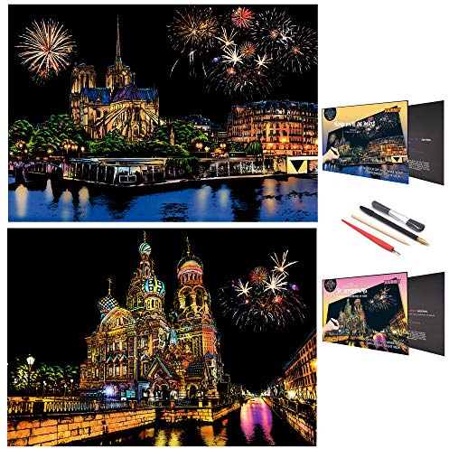 SiYear Ensemble de papier de peinture à gratter pour adultes et enfants, série monument, scène de nuit, tableau à gratter, cadeau créatif, gravure en aluminium avec 4 outils (série A3-Church)