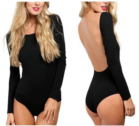 RuiChy Body Femme Manches Longues Col Rond Combinaison Dos Nu Tops de Soirée Body Slim Fit DécontractéJustaucorps Tenue de Club(Noir/M)