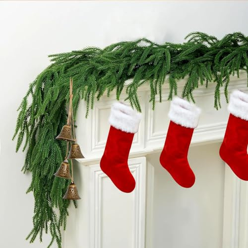9FT Christmas Garland Decorations Real Touch Norfolk Pine Garland Handmade PE Artificial Xmas Garland for Fireplaces Stairs Table Christmas Garland Indoor/Outdoor Holiday Decoration (With bell)
