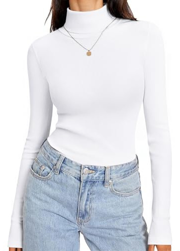 Totatuit Jersey Mujer Cuello Alto Elástico Manga Larga Acanalado Elegante y Versátil para Diario Blanco，S