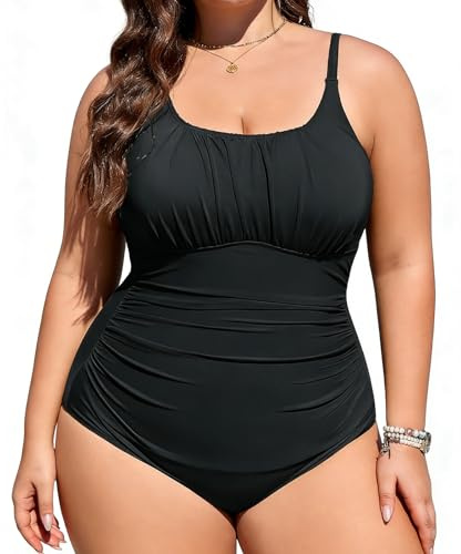 GDDDYWWJ Swimming Costume Women Plus Size,Tummy Control Control Ruched Modest One Piece Swimsuit with U Shaped Neck and Back Plus Size Women L-4XL (UK, Alpha, 4XL, Plus, Regular, Black)