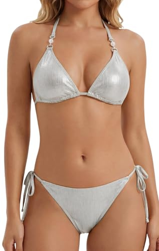 Maeau - Conjunto de Bikini 2 Piezas Mujer Cuello Halter Triángulo Bañador Dos Piezas Metálico Brillante con Ajustables XL Plateado
