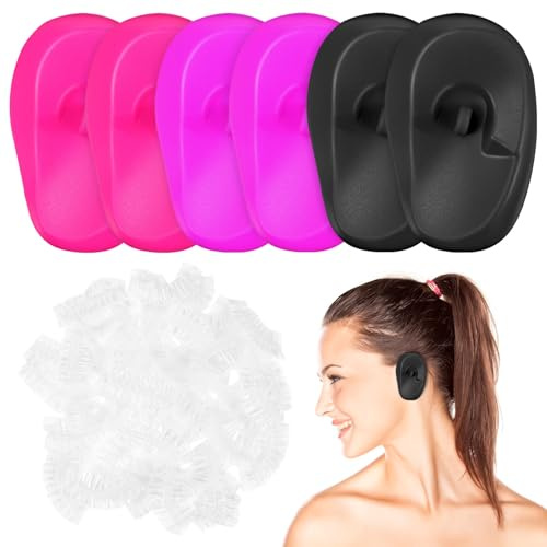 MAJORMENCH Copriorecchie per Tinture per Chioma in Silicone Alimentare, Set da 3 Copriorecchie Riutilizzabili + 200 Pezzi Cuffie Monouso per Doccia, Protezione Orecchie per Parrucchieri e