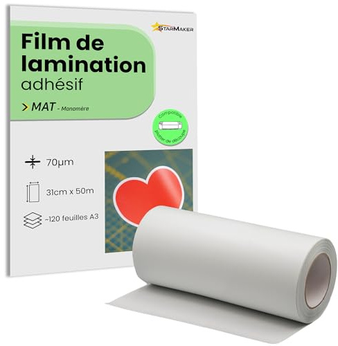 Rouleau 31cm x 50m A3, Film de lamination à froid MAT - Feuilles de plastification Laminé auto-adhésif pour photo et autocollants - Compatible plotter de découpe
