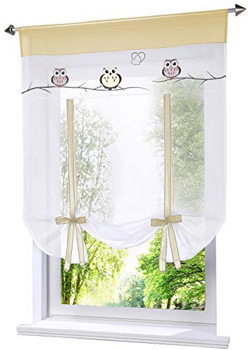 Raffrollo mit Eule Stickerei Band Raffgardinen Voile Transparent Vorhang (BxH 80x140cm, Sand)