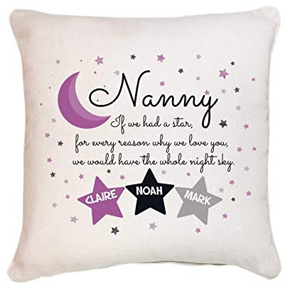 Nanny Stars Moon Cushion | Personalised with Name | Gift for Nanny Nanna Nan | Inner Filling options 40x40 CM | Mother's Day Present from Grandson or Granddaughter | Birthday Christmas Gifts