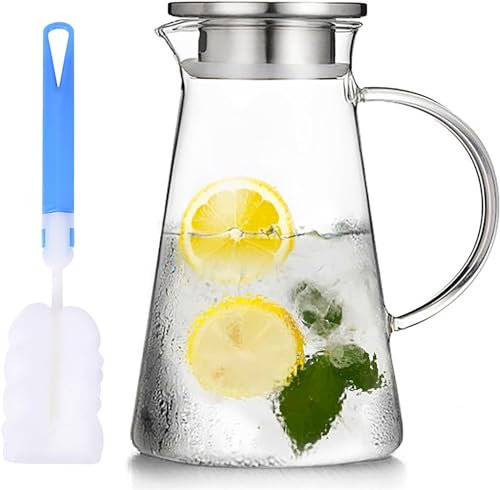 WUWEOT 2 Pack 2 Liter Glaskaraffe Wasserkaraffe mit Edelstahl Deckel und Ausgießer Karaffe aus Glas Wasserkrug Saftkrug Getränkekrug für Hausgemachte Getränke Wasser Milch Kaffee Wein Eistee Saft