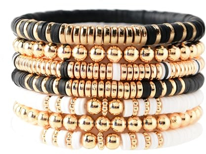GOOJIDS Black Surfer Heishi Clay Bead Bracelets for Women Bohemian Stackable Gold Plated Beaded Stretch Bracelets Elastic Layering Friendship Bracelets Set Jewelry Gift