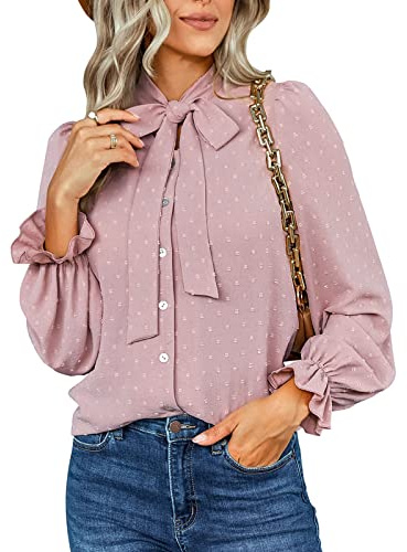 Femmes Tops Puff Chemisier À Manches Longues Élastique Manchette Irrégulière Noeud Papillon Chemises Élégant Casual Tops Lâche Casual Swiss Dot Blouse Simple Poitrine(M-Rose foncé)