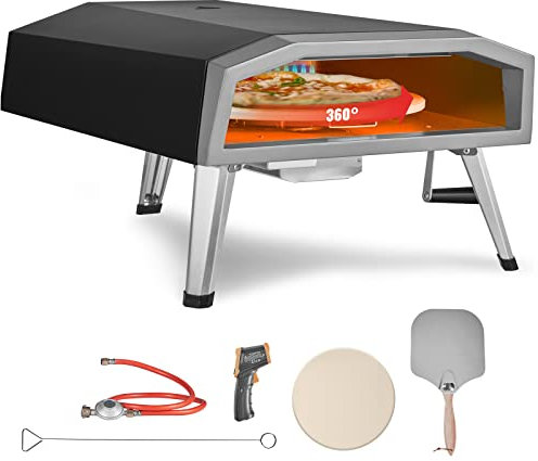 Vevor Forno per pizza a gas per esterni, 40,6 cm, portatile, spesso, in acciaio inox, con pietra girevole a 360°, copertura impermeabile, peeling, termometro IR, certificato CSA, nero