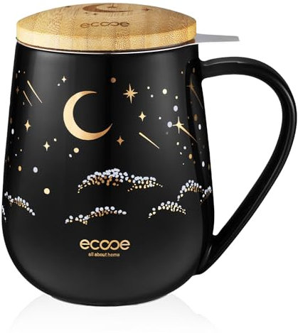 ecooe Taza de té con tapa y colador, 600 ml, taza de cerámica, tazas de té grandes con colador de acero inoxidable y tapa, juego de tazas de Té de cerámica negra con asa para té suelto