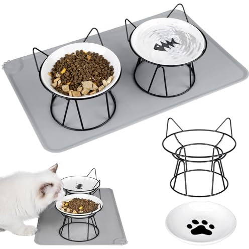 Lvefyti Katzennapf, 2 Stück Erhöhte Katzenfressnäpfe mit Haustiermatte Katzennahrung und Wasserspender Schüssel für Kätzchen und Welpen kleine Hunde(Schwarz)